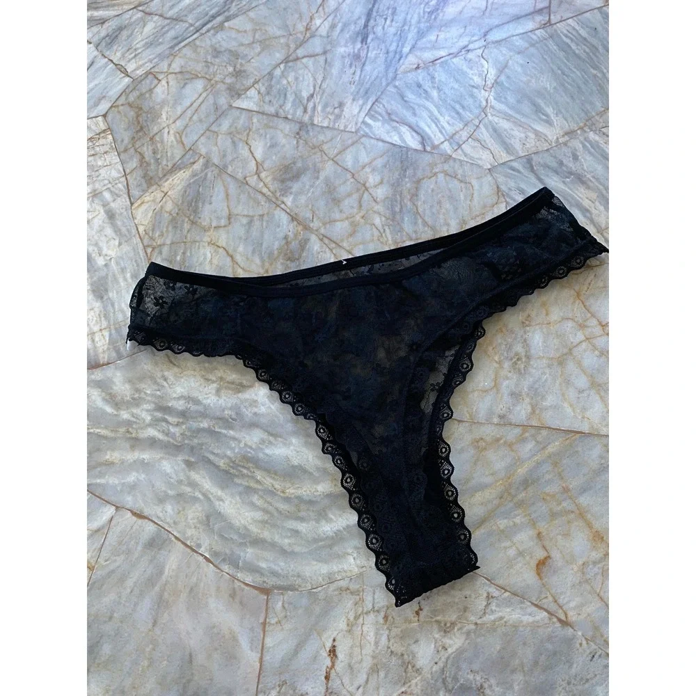 Black Floral Sheer Lace Thong Scalloped Eyelash Trim Pink Bow Low Rise Lingerie